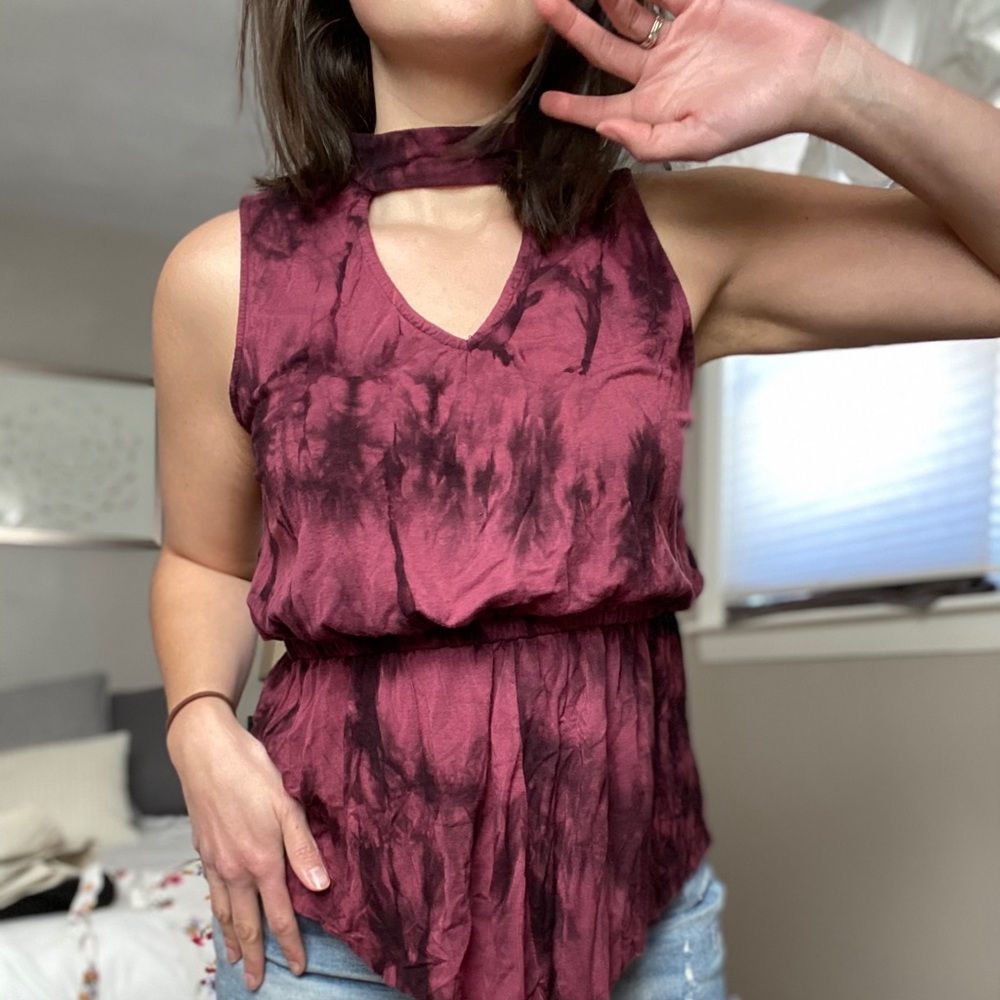 Maroon Tye-Dye Peplum Top, Choker-Style Neck